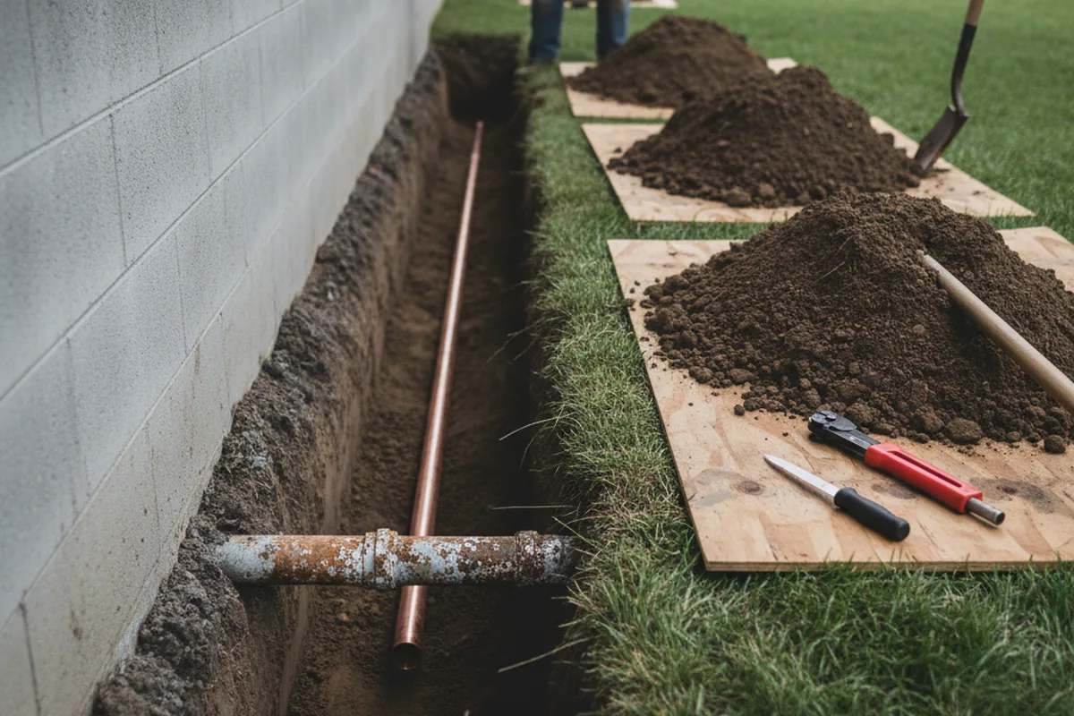 Excavated water line trench during Sewer Line Repair in Tekoa
